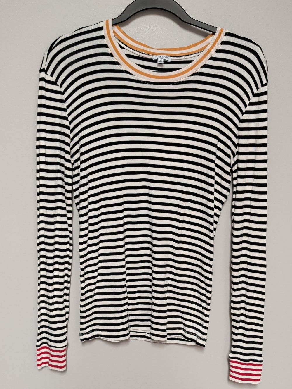 Striped Long-Sleeve Crewneck Top with Contrast Trim